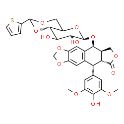 ChemSpider 2D Image | (5S,5aR,8aR,9R)-9-(4-Hydroxy-3,5-dimethoxyphenyl)-8-oxo-5,5a,6,8,8a,9-hexahydrofuro[3',4':6,7]naphtho[2,3-d][1,3]dioxol-5-yl 4,6-O-(2-thienylmethylene)-beta-D-threo-hexopyranoside | C32H32O13S