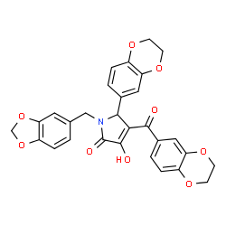 ChemSpider 2D Image | 1-(1,3-Benzodioxol-5-ylmethyl)-5-(2,3-dihydro-1,4-benzodioxin-6-yl)-4-(2,3-dihydro-1,4-benzodioxin-6-ylcarbonyl)-3-hydroxy-1,5-dihydro-2H-pyrrol-2-one | C29H23NO9