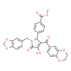 ChemSpider 2D Image | Methyl 4-[1-(1,3-benzodioxol-5-ylmethyl)-3-(2,3-dihydro-1,4-benzodioxin-6-ylcarbonyl)-4-hydroxy-5-oxo-2,5-dihydro-1H-pyrrol-2-yl]benzoate | C29H23NO9