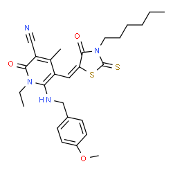 ChemSpider 2D Image | 1-Ethyl-5-[(E)-(3-hexyl-4-oxo-2-thioxo-1,3-thiazolidin-5-ylidene)methyl]-6-[(4-methoxybenzyl)amino]-4-methyl-2-oxo-1,2-dihydro-3-pyridinecarbonitrile | C27H32N4O3S2