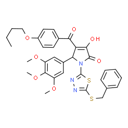 ChemSpider 2D Image | 1-[5-(Benzylsulfanyl)-1,3,4-thiadiazol-2-yl]-4-(4-butoxybenzoyl)-3-hydroxy-5-(3,4,5-trimethoxyphenyl)-1,5-dihydro-2H-pyrrol-2-one | C33H33N3O7S2