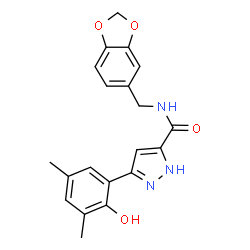 ChemSpider 2D Image | N-(1,3-Benzodioxol-5-ylmethyl)-3-(2-hydroxy-3,5-dimethylphenyl)-1H-pyrazole-5-carboxamide | C20H19N3O4