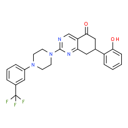 ChemSpider 2D Image | 7-(2-Hydroxyphenyl)-2-{4-[3-(trifluoromethyl)phenyl]-1-piperazinyl}-7,8-dihydro-5(6H)-quinazolinone | C25H23F3N4O2