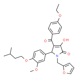 ChemSpider 2D Image | 4-(4-Ethoxybenzoyl)-1-(2-furylmethyl)-3-hydroxy-5-[3-methoxy-4-(3-methylbutoxy)phenyl]-1,5-dihydro-2H-pyrrol-2-one | C30H33NO7