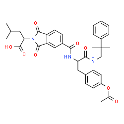 ChemSpider 2D Image | 2-[5-({3-(4-Acetoxyphenyl)-1-[(2-methyl-2-phenylpropyl)amino]-1-oxo-2-propanyl}carbamoyl)-1,3-dioxo-1,3-dihydro-2H-isoindol-2-yl]-4-methylpentanoic acid | C36H39N3O8
