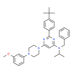 ChemSpider 2D Image | N-Benzyl-N-isopropyl-6-[4-(3-methoxyphenyl)-1-piperazinyl]-2-[4-(2-methyl-2-propanyl)phenyl]-4-pyrimidinamine | C35H43N5O