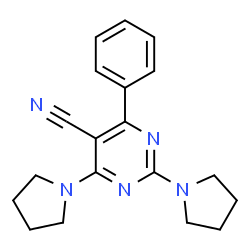 ChemSpider 2D Image | 4-Phenyl-2,6-di(1-pyrrolidinyl)-5-pyrimidinecarbonitrile | C19H21N5