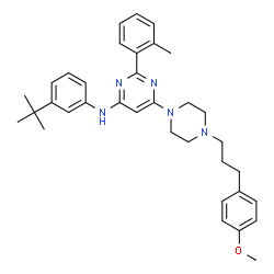 ChemSpider 2D Image | 6-{4-[3-(4-Methoxyphenyl)propyl]-1-piperazinyl}-2-(2-methylphenyl)-N-[3-(2-methyl-2-propanyl)phenyl]-4-pyrimidinamine | C35H43N5O