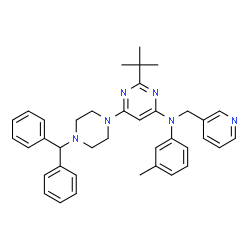 ChemSpider 2D Image | 6-[4-(Diphenylmethyl)-1-piperazinyl]-N-(3-methylphenyl)-2-(2-methyl-2-propanyl)-N-(3-pyridinylmethyl)-4-pyrimidinamine | C38H42N6