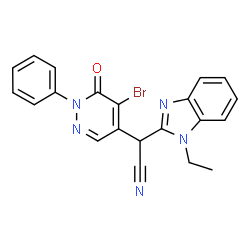 ChemSpider 2D Image | (5-Bromo-6-oxo-1-phenyl-1,6-dihydro-4-pyridazinyl)(1-ethyl-1H-benzimidazol-2-yl)acetonitrile | C21H16BrN5O