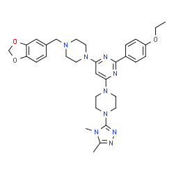 ChemSpider 2D Image | 4-[4-(1,3-Benzodioxol-5-ylmethyl)-1-piperazinyl]-6-[4-(4,5-dimethyl-4H-1,2,4-triazol-3-yl)-1-piperazinyl]-2-(4-ethoxyphenyl)pyrimidine | C32H39N9O3