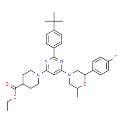 ChemSpider 2D Image | Ethyl 1-{6-[2-(4-fluorophenyl)-6-methyl-4-morpholinyl]-2-[4-(2-methyl-2-propanyl)phenyl]-4-pyrimidinyl}-4-piperidinecarboxylate | C33H41FN4O3