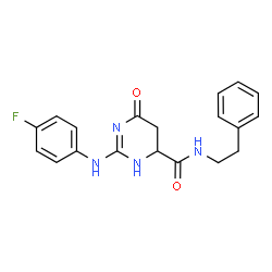 ChemSpider 2D Image | 2-[(4-Fluorophenyl)amino]-6-oxo-N-(2-phenylethyl)-1,4,5,6-tetrahydro-4-pyrimidinecarboxamide | C19H19FN4O2