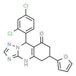 ChemSpider 2D Image | 9-(2,4-Dichlorophenyl)-6-(2-furyl)-5,6,7,9-tetrahydro[1,2,4]triazolo[5,1-b]quinazolin-8(1H)-one | C19H14Cl2N4O2