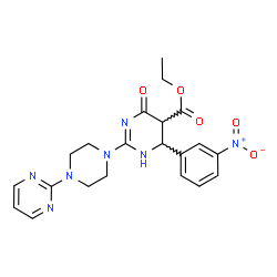 ChemSpider 2D Image | Ethyl 4-(3-nitrophenyl)-6-oxo-2-[4-(2-pyrimidinyl)-1-piperazinyl]-1,4,5,6-tetrahydro-5-pyrimidinecarboxylate | C21H23N7O5