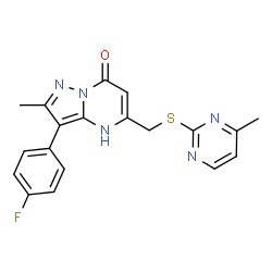 ChemSpider 2D Image | 3-(4-Fluorophenyl)-2-methyl-5-{[(4-methyl-2-pyrimidinyl)sulfanyl]methyl}pyrazolo[1,5-a]pyrimidin-7(4H)-one | C19H16FN5OS