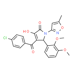 ChemSpider 2D Image | 4-(4-Chlorobenzoyl)-5-(2,3-dimethoxyphenyl)-3-hydroxy-1-(5-methyl-1,2-oxazol-3-yl)-1,5-dihydro-2H-pyrrol-2-one | C23H19ClN2O6