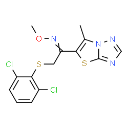 ChemSpider 2D Image | 2-[(2,6-Dichlorophenyl)sulfanyl]-N-methoxy-1-(6-methyl[1,3]thiazolo[3,2-b][1,2,4]triazol-5-yl)ethanimine | C14H12Cl2N4OS2