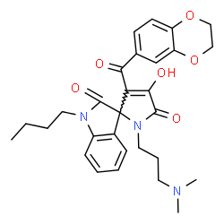 ChemSpider 2D Image | 1-Butyl-3'-(2,3-dihydro-1,4-benzodioxin-6-ylcarbonyl)-1'-[3-(dimethylamino)propyl]-4'-hydroxyspiro[indole-3,2'-pyrrole]-2,5'(1H,1'H)-dione | C29H33N3O6