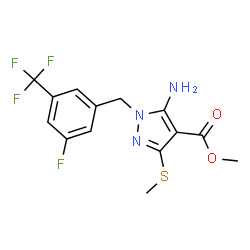 ChemSpider 2D Image | Methyl 5-amino-1-[3-fluoro-5-(trifluoromethyl)benzyl]-3-(methylsulfanyl)-1H-pyrazole-4-carboxylate | C14H13F4N3O2S