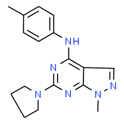 ChemSpider 2D Image | 1-methyl-N-(4-methylphenyl)-6-(pyrrolidin-1-yl)pyrazolo[3,4-d]pyrimidin-4-amine | C17H20N6
