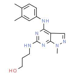 ChemSpider 2D Image | 3-({4-[(3,4-Dimethylphenyl)amino]-1-methyl-1H-pyrazolo[3,4-d]pyrimidin-6-yl}amino)-1-propanol | C17H22N6O