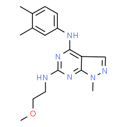 ChemSpider 2D Image | N~4~-(3,4-Dimethylphenyl)-N~6~-(2-methoxyethyl)-1-methyl-1H-pyrazolo[3,4-d]pyrimidine-4,6-diamine | C17H22N6O