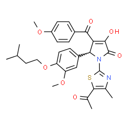 ChemSpider 2D Image | 1-(5-Acetyl-4-methyl-1,3-thiazol-2-yl)-3-hydroxy-4-(4-methoxybenzoyl)-5-[3-methoxy-4-(3-methylbutoxy)phenyl]-1,5-dihydro-2H-pyrrol-2-one | C30H32N2O7S