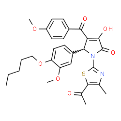 ChemSpider 2D Image | 1-(5-Acetyl-4-methyl-1,3-thiazol-2-yl)-3-hydroxy-4-(4-methoxybenzoyl)-5-[3-methoxy-4-(pentyloxy)phenyl]-1,5-dihydro-2H-pyrrol-2-one | C30H32N2O7S