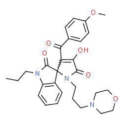 ChemSpider 2D Image | 4'-Hydroxy-3'-(4-methoxybenzoyl)-1'-[3-(4-morpholinyl)propyl]-1-propylspiro[indole-3,2'-pyrrole]-2,5'(1H,1'H)-dione | C29H33N3O6