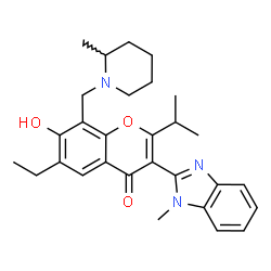 ChemSpider 2D Image | 6-Ethyl-7-hydroxy-2-isopropyl-3-(1-methyl-1H-benzimidazol-2-yl)-8-[(2-methyl-1-piperidinyl)methyl]-4H-chromen-4-one | C29H35N3O3
