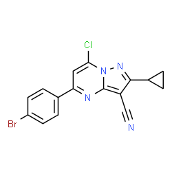 ChemSpider 2D Image | 5-(4-Bromophenyl)-7-chloro-2-cyclopropylpyrazolo[1,5-a]pyrimidine-3-carbonitrile | C16H10BrClN4
