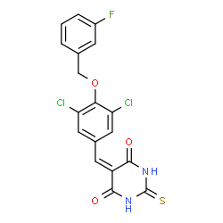 ChemSpider 2D Image | 5-{3,5-Dichloro-4-[(3-fluorobenzyl)oxy]benzylidene}-2-thioxodihydro-4,6(1H,5H)-pyrimidinedione | C18H11Cl2FN2O3S