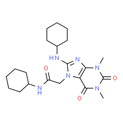 ChemSpider 2D Image | N-cyclohexyl-2-(8-(cyclohexylamino)-1,3-dimethyl-2,6-dioxo-1,2,3,6-tetrahydropurin-7-yl)acetamide | C21H32N6O3