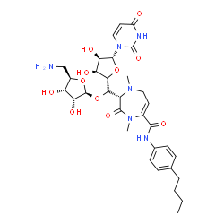 ChemSpider 2D Image | (5R)-5'-O-(5-Amino-5-deoxy-beta-D-ribofuranosyl)-5'-C-{(2S)-5-[(4-butylphenyl)carbamoyl]-1,4-dimethyl-3-oxo-2,3,4,7-tetrahydro-1H-1,4-diazepin-2-yl}uridine | C32H44N6O11