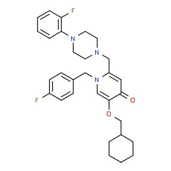 ChemSpider 2D Image | 5-(Cyclohexylmethoxy)-1-(4-fluorobenzyl)-2-{[4-(2-fluorophenyl)-1-piperazinyl]methyl}-4(1H)-pyridinone | C30H35F2N3O2