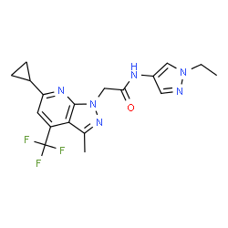 ChemSpider 2D Image | 2-[6-Cyclopropyl-3-methyl-4-(trifluoromethyl)-1H-pyrazolo[3,4-b]pyridin-1-yl]-N-(1-ethyl-1H-pyrazol-4-yl)acetamide | C18H19F3N6O