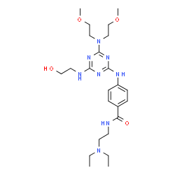 ChemSpider 2D Image | 4-({4-[Bis(2-methoxyethyl)amino]-6-[(2-hydroxyethyl)amino]-1,3,5-triazin-2-yl}amino)-N-[2-(diethylamino)ethyl]benzamide | C24H40N8O4