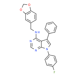 ChemSpider 2D Image | N-(1,3-Benzodioxol-5-ylmethyl)-7-(4-fluorophenyl)-5-phenyl-7H-pyrrolo[2,3-d]pyrimidin-4-amine | C26H19FN4O2