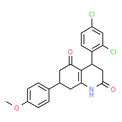 ChemSpider 2D Image | 4-(2,4-Dichlorophenyl)-7-(4-methoxyphenyl)-4,6,7,8-tetrahydro-2,5(1H,3H)-quinolinedione | C22H19Cl2NO3