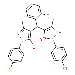 ChemSpider 2D Image | 2-(4-Chlorophenyl)-4-{(2-chlorophenyl)[1-(4-chlorophenyl)-5-hydroxy-3-methyl-1H-pyrazol-4-yl]methyl}-5-methyl-1,2-dihydro-3H-pyrazol-3-one | C27H21Cl3N4O2