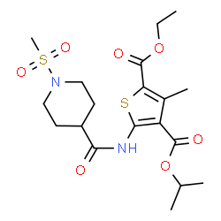 ChemSpider 2D Image | 2-Ethyl 4-isopropyl 3-methyl-5-({[1-(methylsulfonyl)-4-piperidinyl]carbonyl}amino)-2,4-thiophenedicarboxylate | C19H28N2O7S2