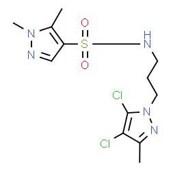 ChemSpider 2D Image | N-[3-(4,5-Dichloro-3-methyl-1H-pyrazol-1-yl)propyl]-1,5-dimethyl-1H-pyrazole-4-sulfonamide | C12H17Cl2N5O2S