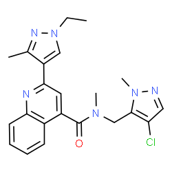ChemSpider 2D Image | N-[(4-Chloro-1-methyl-1H-pyrazol-5-yl)methyl]-2-(1-ethyl-3-methyl-1H-pyrazol-4-yl)-N-methyl-4-quinolinecarboxamide | C22H23ClN6O