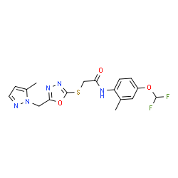 ChemSpider 2D Image | N-[4-(Difluoromethoxy)-2-methylphenyl]-2-({5-[(5-methyl-1H-pyrazol-1-yl)methyl]-1,3,4-oxadiazol-2-yl}sulfanyl)acetamide | C17H17F2N5O3S
