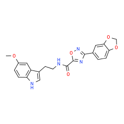 ChemSpider 2D Image | 3-(1,3-Benzodioxol-5-yl)-N-[2-(5-methoxy-1H-indol-3-yl)ethyl]-1,2,4-oxadiazole-5-carboxamide | C21H18N4O5