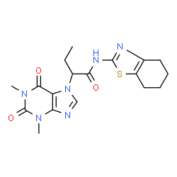 ChemSpider 2D Image | 2-(1,3-Dimethyl-2,6-dioxo-1,2,3,6-tetrahydro-7H-purin-7-yl)-N-(4,5,6,7-tetrahydro-1,3-benzothiazol-2-yl)butanamide | C18H22N6O3S
