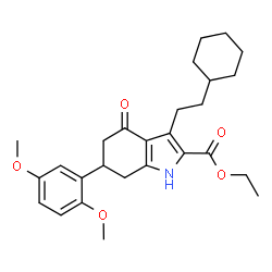ChemSpider 2D Image | Ethyl 3-(2-cyclohexylethyl)-6-(2,5-dimethoxyphenyl)-4-oxo-4,5,6,7-tetrahydro-1H-indole-2-carboxylate | C27H35NO5