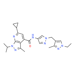 ChemSpider 2D Image | 6-Cyclopropyl-N-{1-[(1-ethyl-3-methyl-1H-pyrazol-4-yl)methyl]-1H-pyrazol-4-yl}-1-isopropyl-3-methyl-1H-pyrazolo[3,4-b]pyridine-4-carboxamide | C24H30N8O