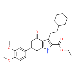 ChemSpider 2D Image | Ethyl 3-(2-cyclohexylethyl)-6-(3,4-dimethoxyphenyl)-4-oxo-4,5,6,7-tetrahydro-1H-indole-2-carboxylate | C27H35NO5